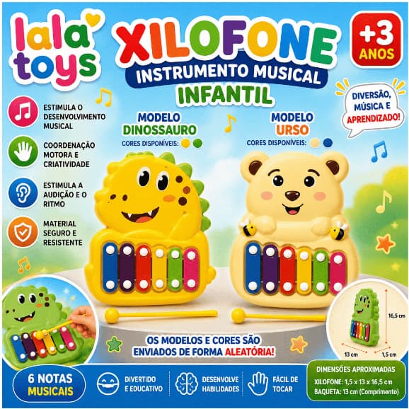 Xilofone Instrumento Musical Infantil formato animal dinossauro ou urso C/ 6 Notas