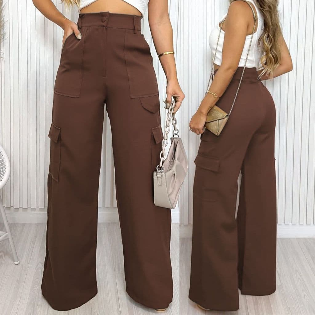 Calça Social Feminina Alfaiataria Pantalona Cargo Wide Leg Bolsos Cós Alto
