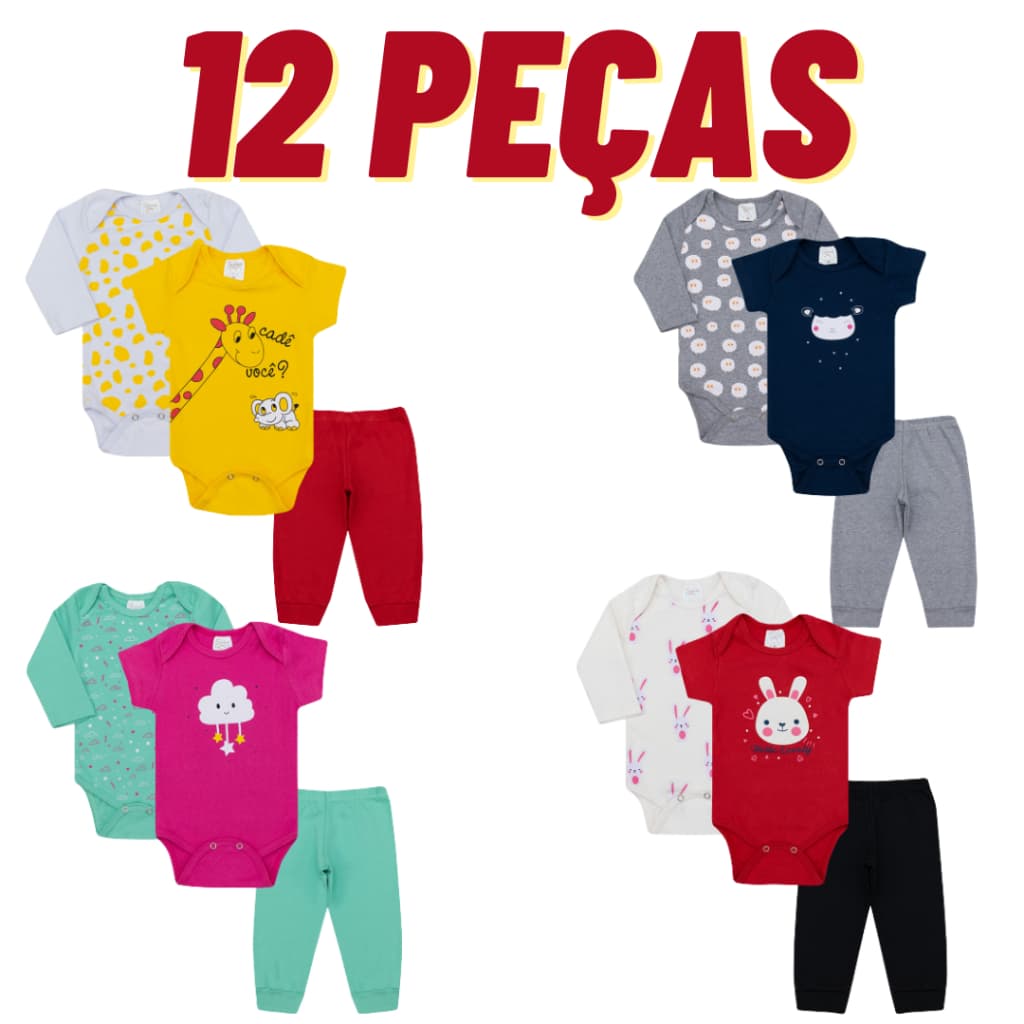 Kit 12 Peças de Roupas para Bebê Menina (4 Body Curto 4 Body Curto + 4 Calça Mijão)  Conjunto Bebê