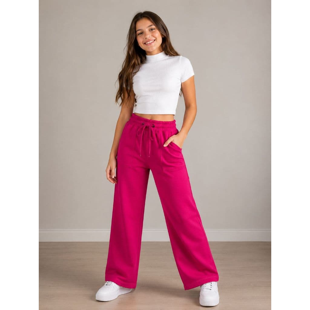 Calça Wide Leg Reta Moletom Feminina Infantil Juvenil Cintura Elástica Algodão Moda Adolescente 04 ao 16 anos
