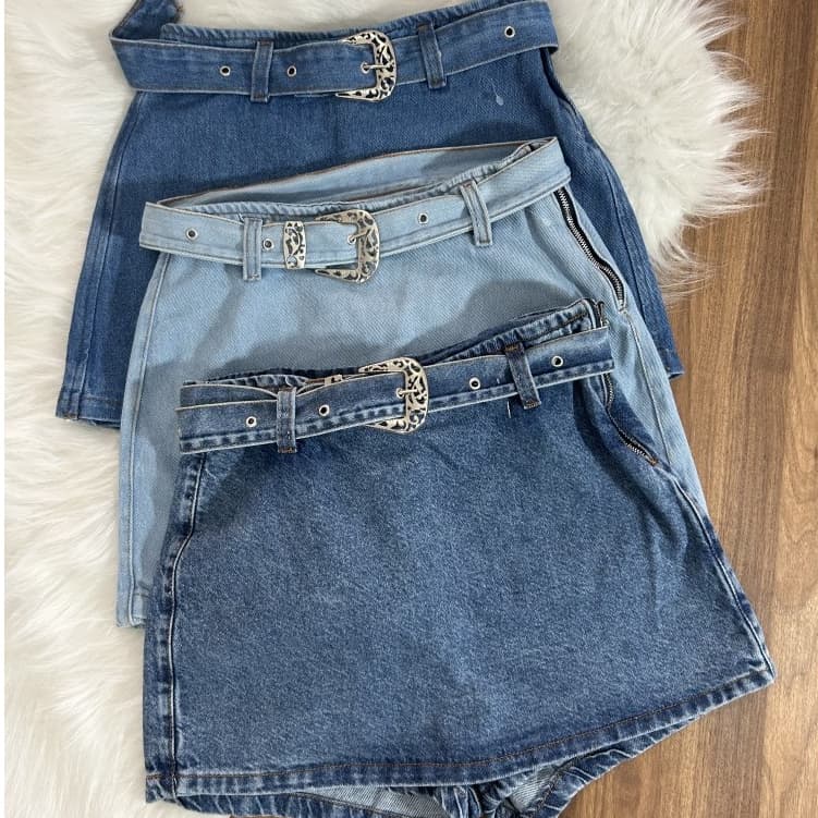 Short Saia Jeans com cinto shorts saia citura alto mon Femininas