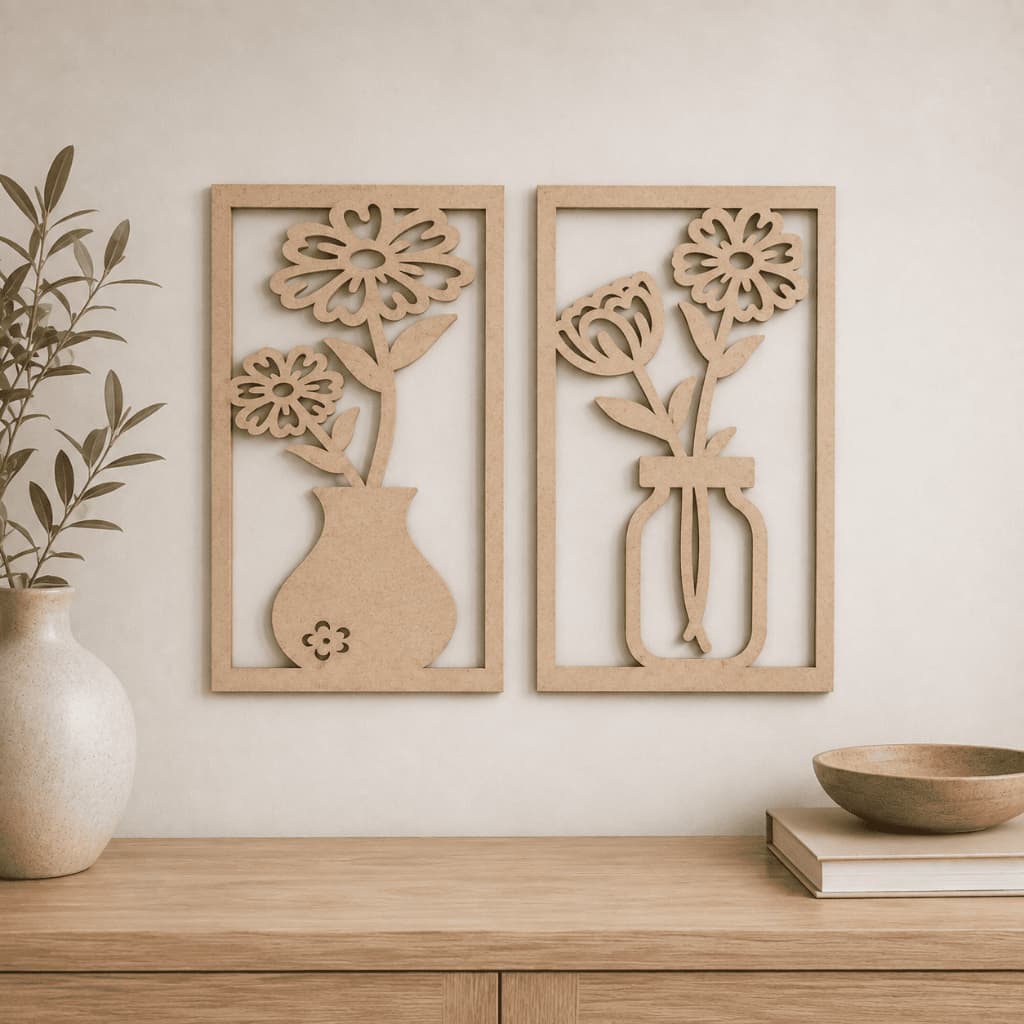 Kit 2 Quadros Decorativos Vasos com Flores MDF Minimalistas para Sala Quarto