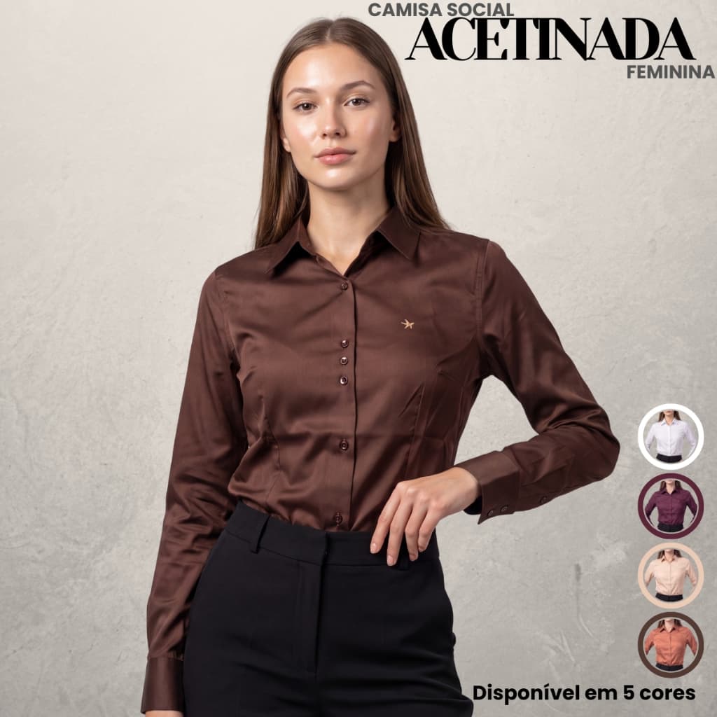 Camisa Feminina Social Acetinada Executiva Acinturada Manga Longa Premium