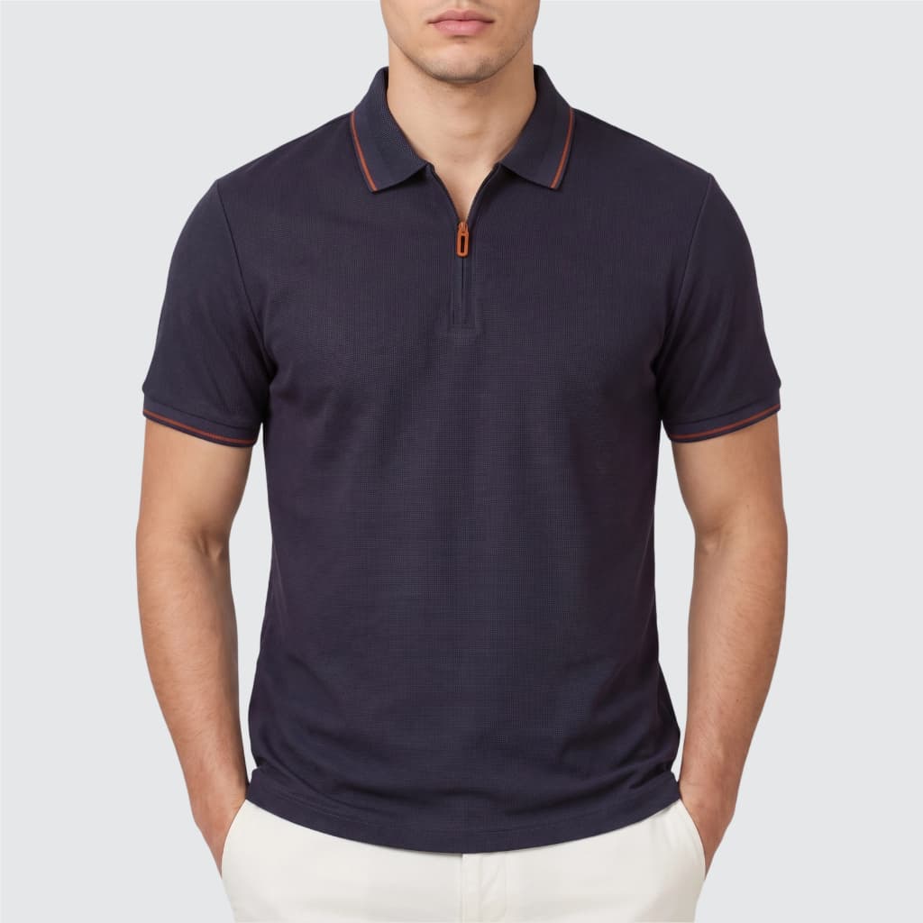 Camisa Polo Masculina com Zíper Manga Curta Texturizada Gola e Punhos Contrastantes Casual Elegante