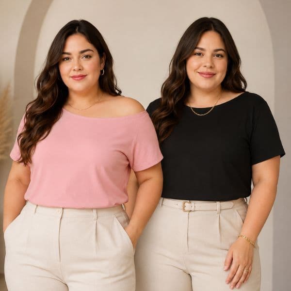 Kit 2 Blusas Femininas Plus Size Ombro a Ombro Manga Curta Casual Confortável Básica Lisa Moda Feminina Jovial