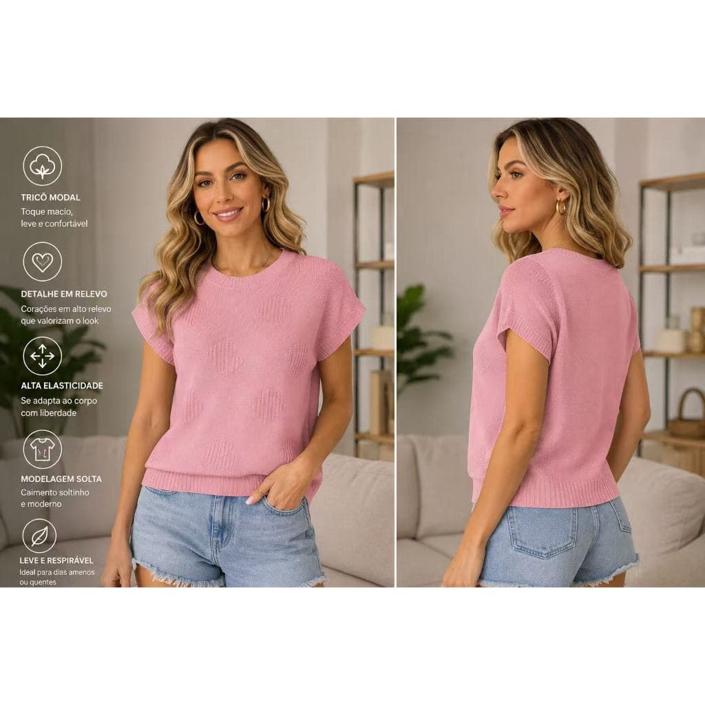 Blusa Feminina Tricô Modal Coração em Relevo Manga Curta Gola Redonda Casual Elegante Tamanho Único