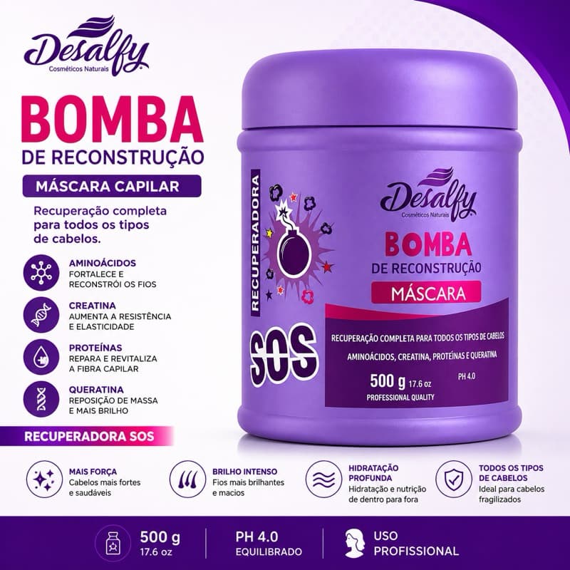 Máscara Capilar Desalfy SOS Bomba de Reconstrução 500g Queratina Creatina Aminoácidos