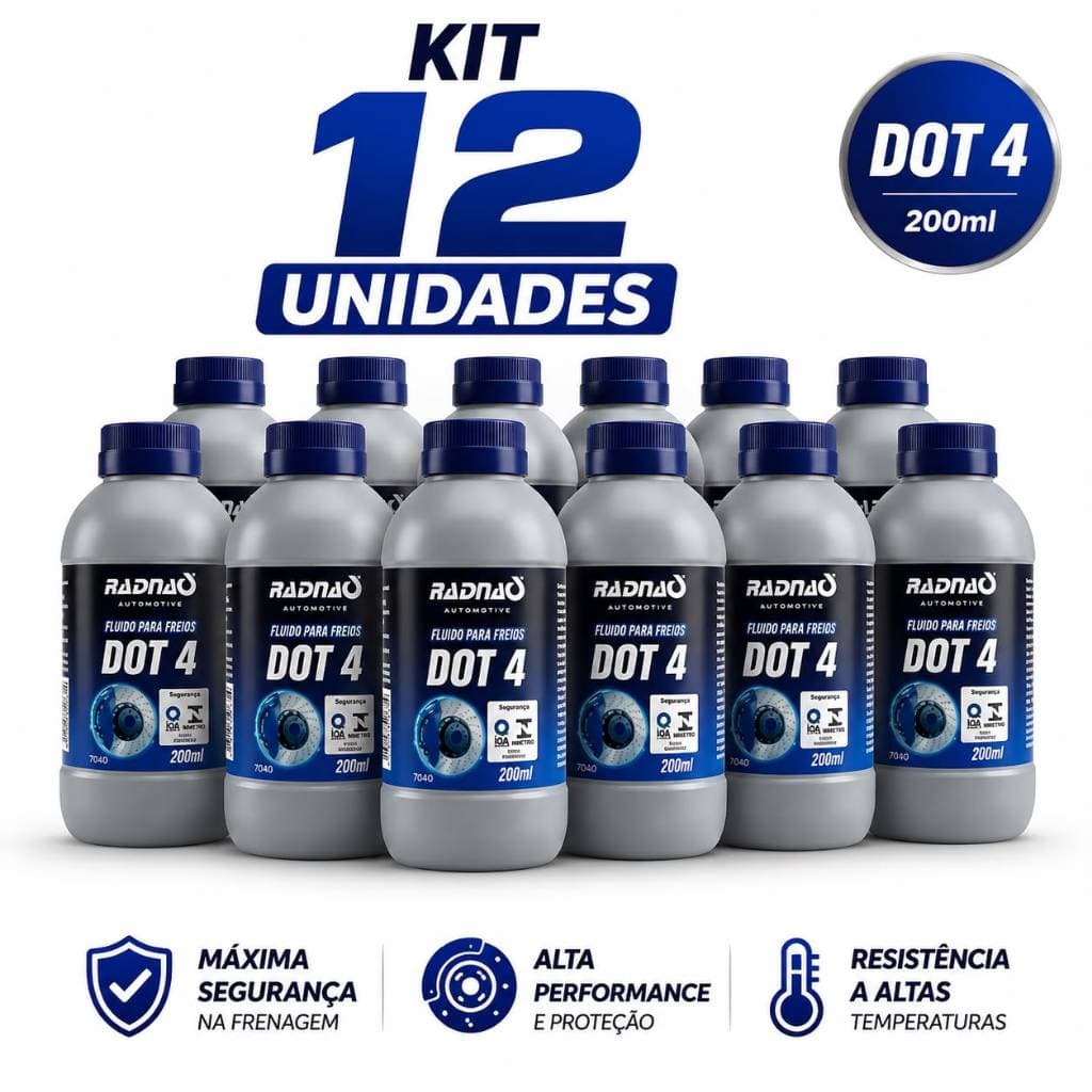 Kit 12 Fluido de Freio DOT 4 200ml Radnaq Original Para Carros Motos Automotivo