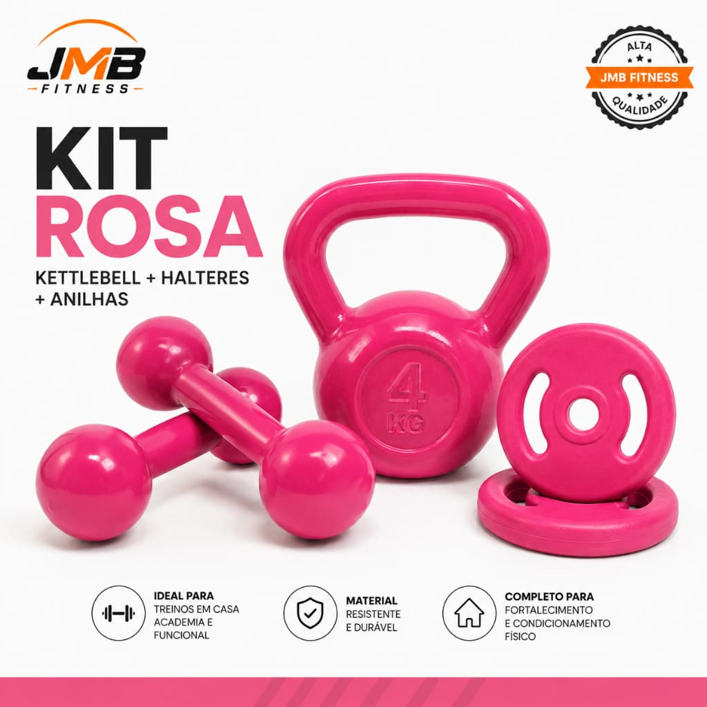 Kettlebell Emborrachado + Halteres + Anilha Academia Completa em casa - Kit Fitness Completo Rosa