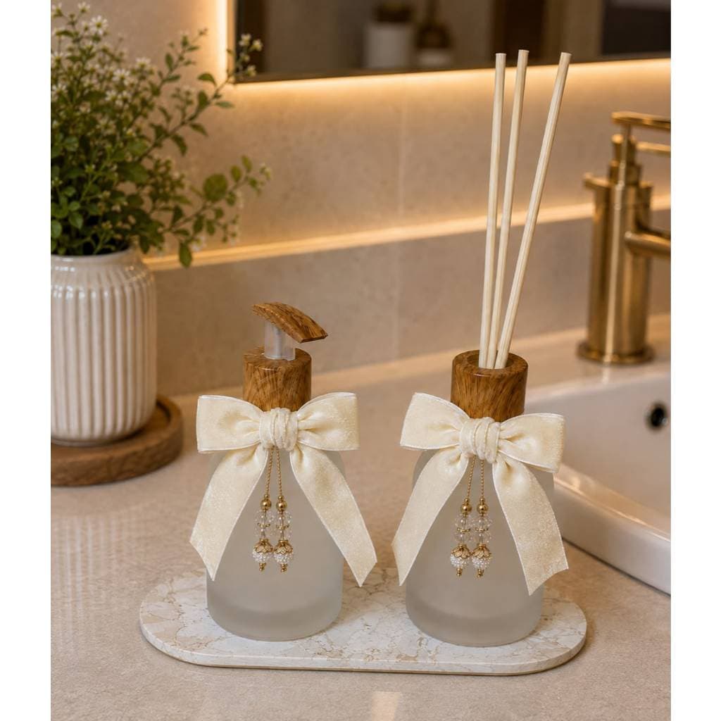 Kit Lavabo Luxo Vidro 6 Peças Difusor Saboneteira Bandeja Flor Difusora Kit  Personalizado