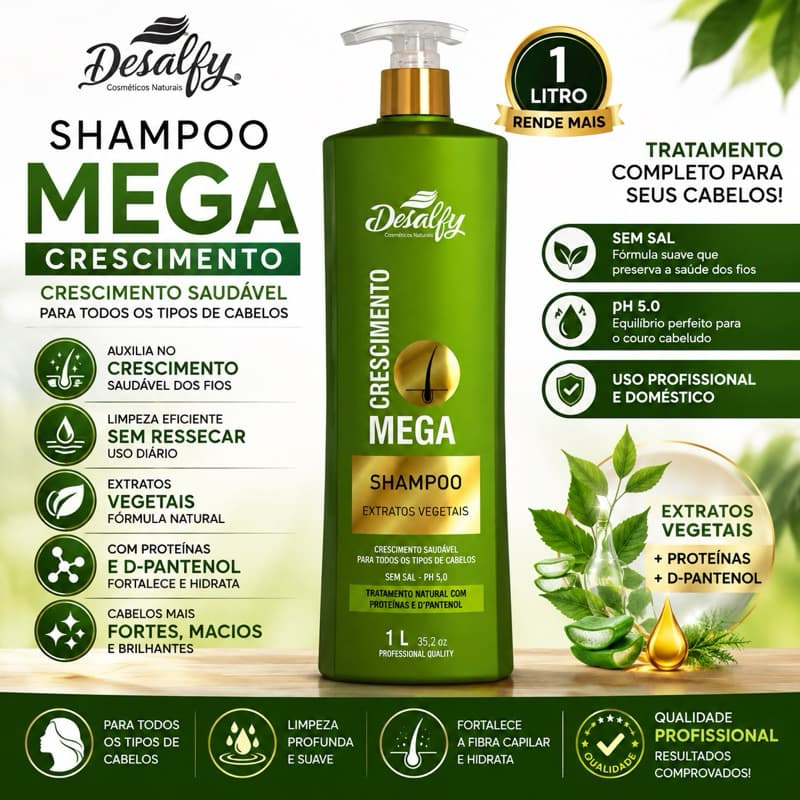Shampoo Mega Crescimento Desalfy 1L Extratos Vegetais Sem Sal pH 5.0