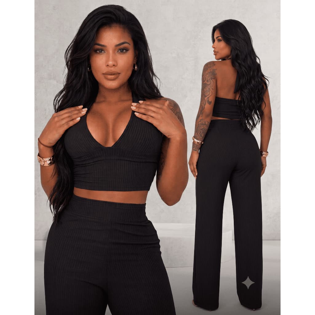 Conjunto Feminino Calça Pantalona Wide Leg + Top Cropped Amarração Multiformas Moda Gringa Elegante Casual