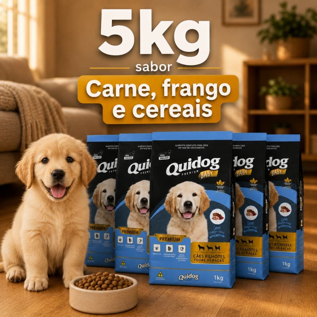 5x Pacotes Ração Cachorro Filhote Quidog Baby Premium 1kg SEM CORANTES Sabor Carne Special Nutri