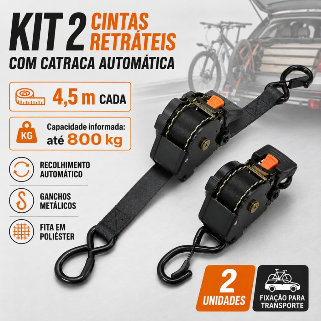 2KIT Cinta Para Carga Catraca Automática 800kg 4.5m, p/ Caminhão Reboque Moto, Retrátil Eficiente