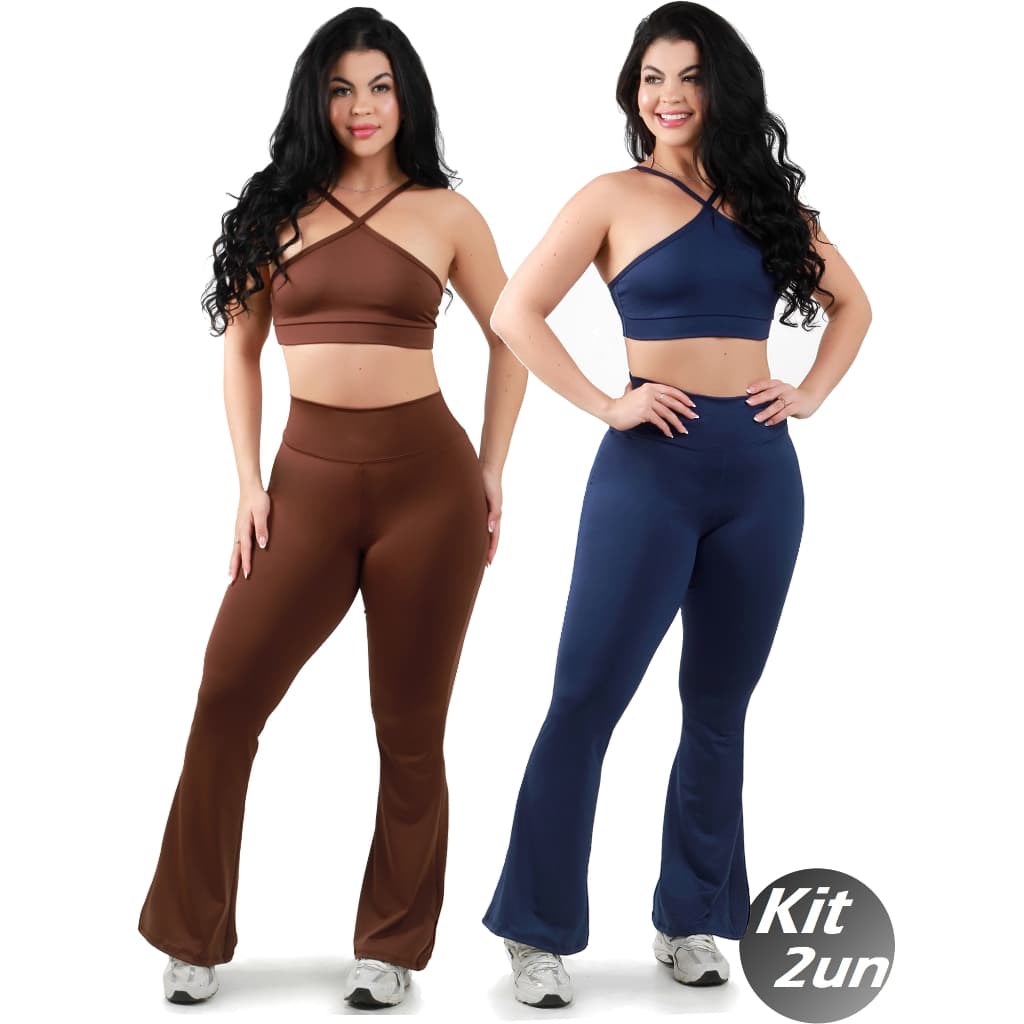 Kit 2 Conjunto Calça Flare e Top Cruzado Alça Fitness Feminino Academia