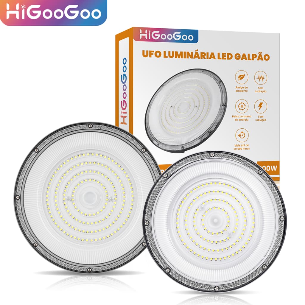 Luminária LED Industrial UFO 200W/300W Alta Potência IP65 Para Galpão Fábrica Armazém Luz Branca 6500K