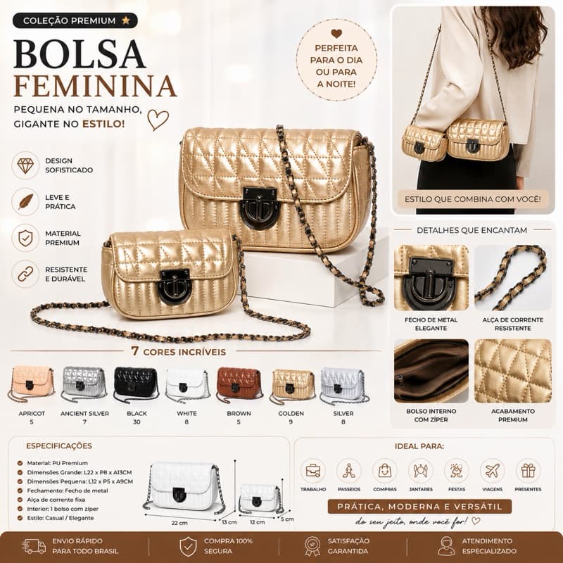 Bolsa Feminina Kit 2 Peças Premium | Bolsa Grande + Mini Bolsa | Alça de Ombro e Transversal | Elegante Casual  06081