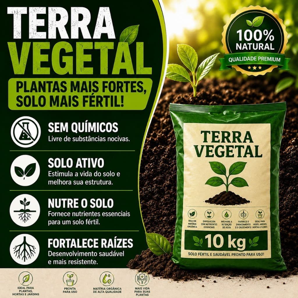 Terra Vegetal 10kg Adubada 100% Natural Para Vasos Jardim Horta Plantas Solo Fértil Premium