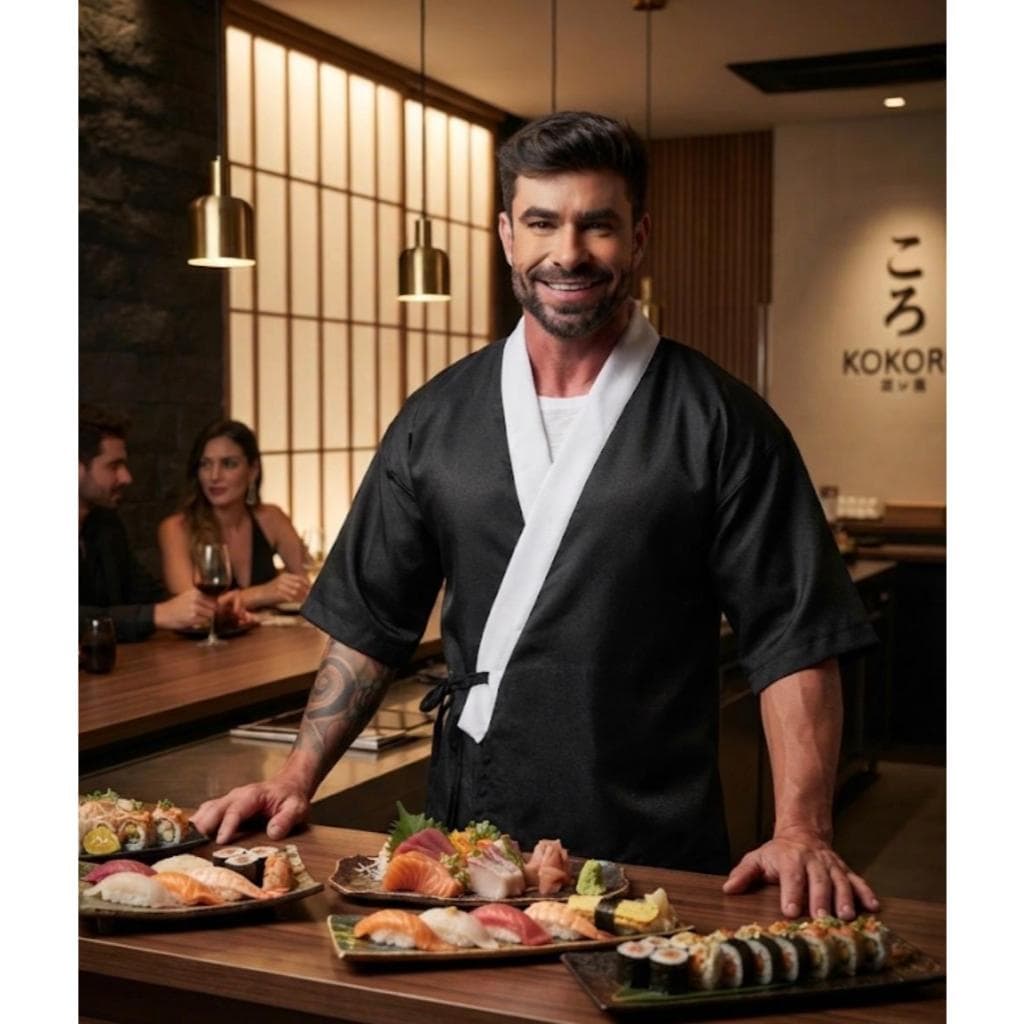 Jaleco Chef Kimono Oxford Preto Sushiman Osaka  Gardenia Jalecos