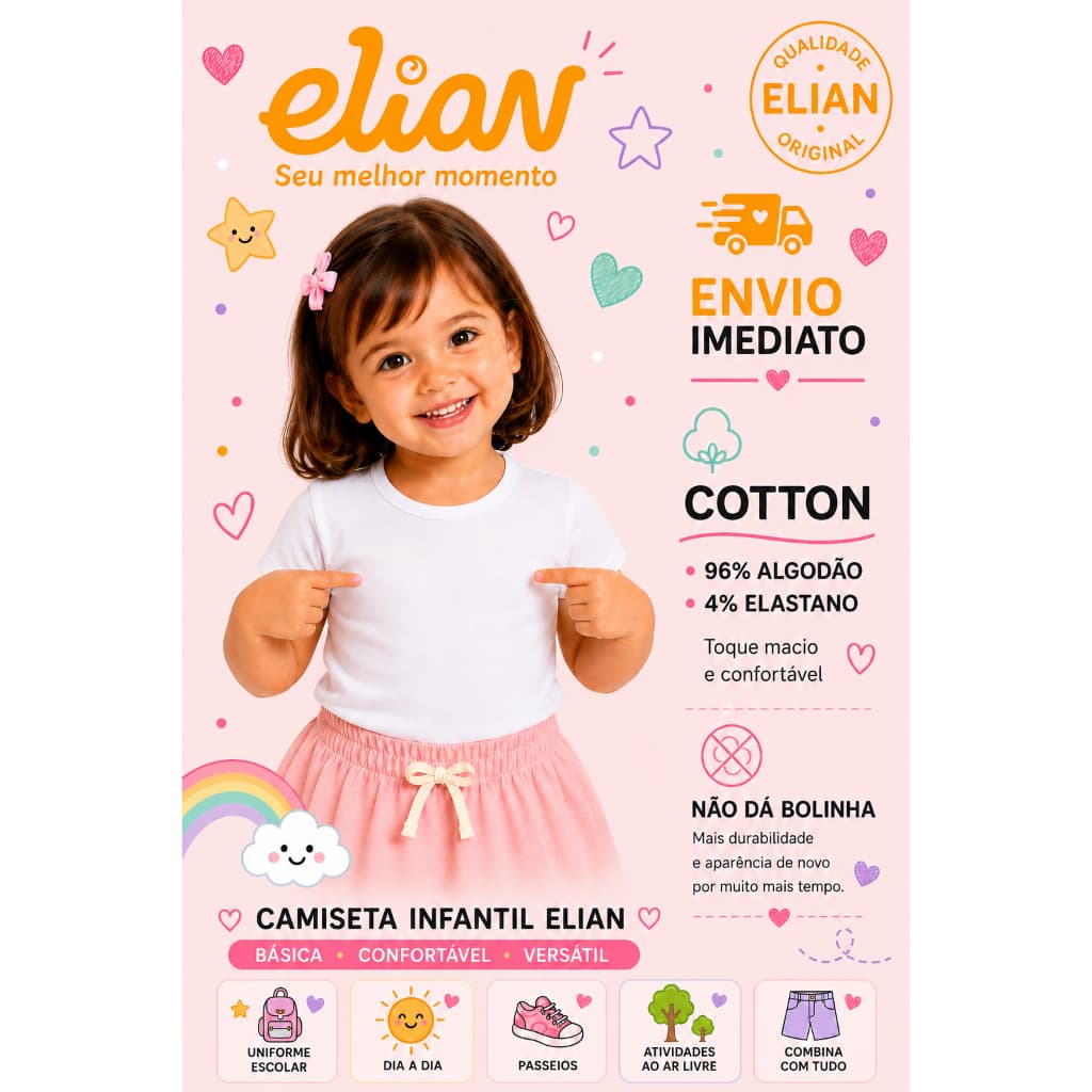 Blusa Branca -  Infantil Baby Look Cotton Elian Roupa Infantil Roupa Menina Blusinha Infantil Menina Linda Roupa Menina