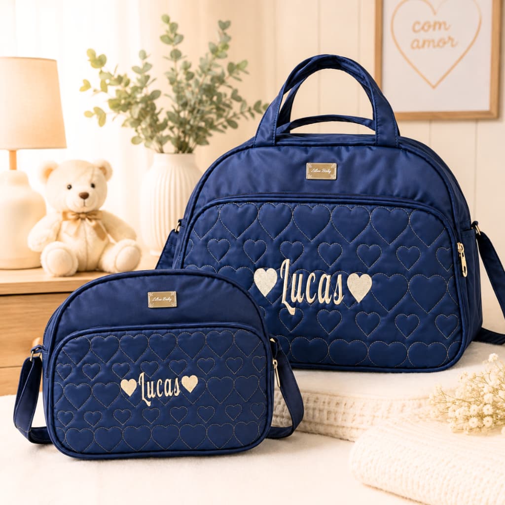 Kit Bolsa Maternidade Personalizada Com Nome Bebê Bolsa + Frasqueira Azul Marinho