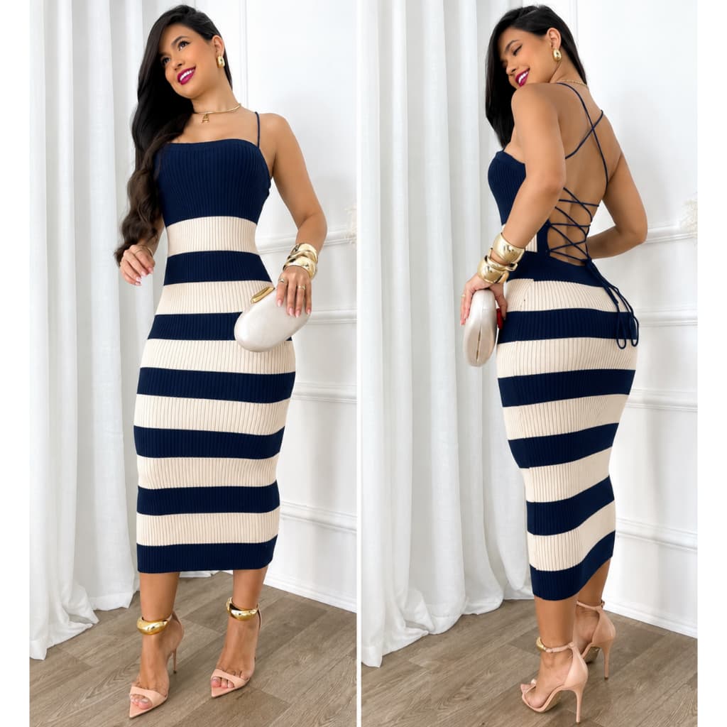 Vestido Feminino Midi Tricot Listrado com Alças Finas e Amarração nas Costas Sofisticação Verão Cod：505