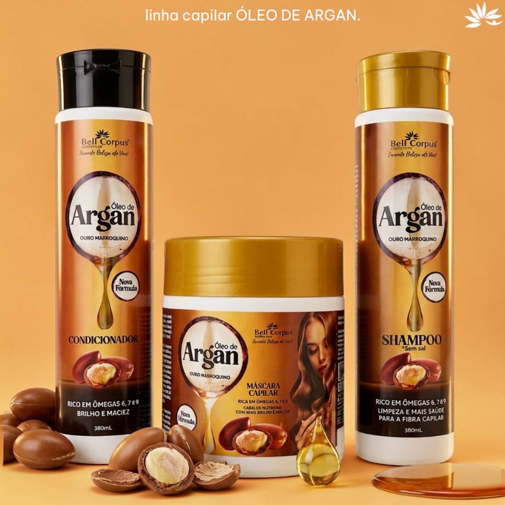 Kit Óleo de Argan Ouro Marroquino Tratamento Capilar Anti-Frizz Hidratação e Brilho Bell Corpus