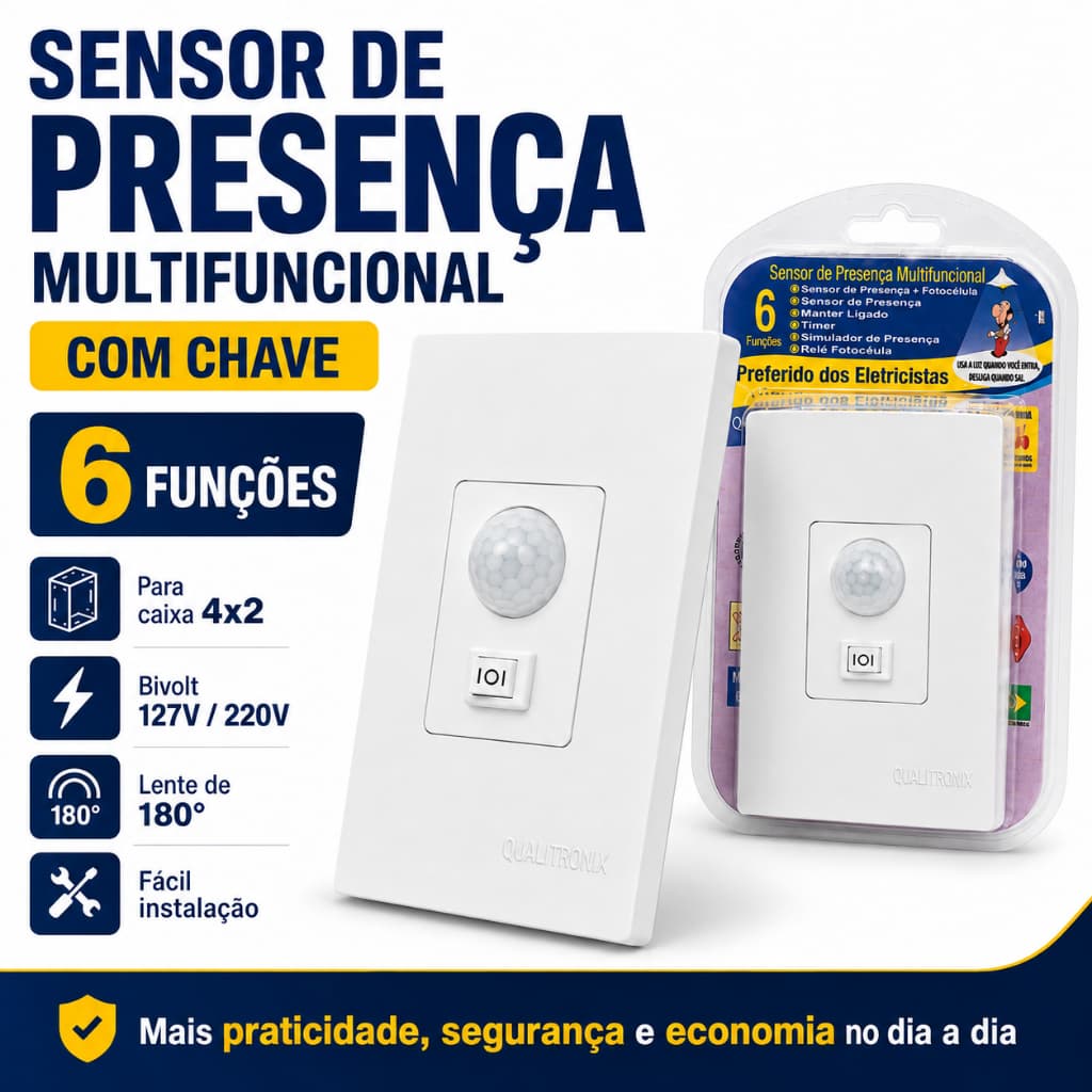 Sensor de Presença Micro controlado 180° com Chave e Fotocélula Branco Embutir 4x2 Bivolt