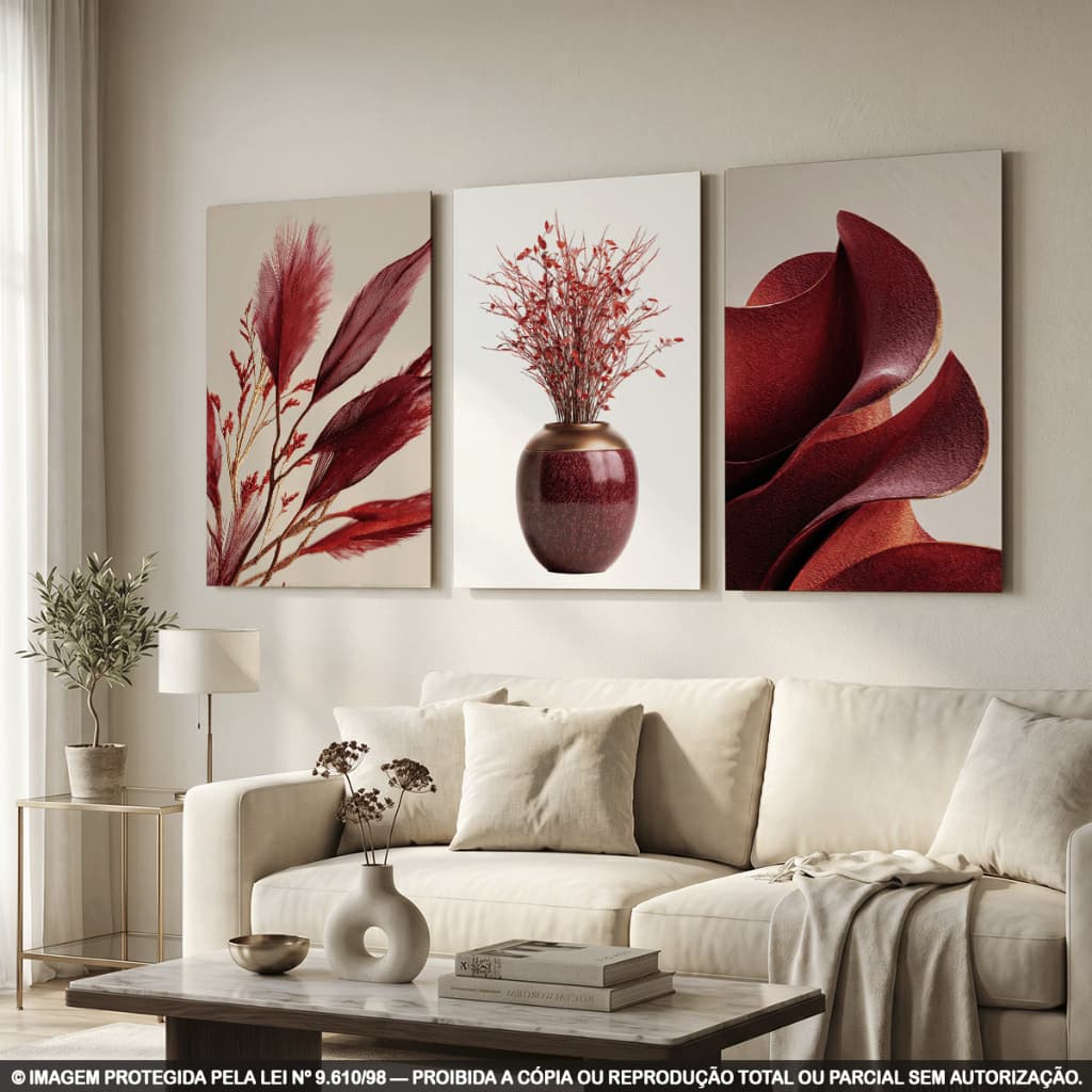 Kit 3 Quadros Decorativos Botânicos Vermelhos com Vaso e Folhagens para Sala