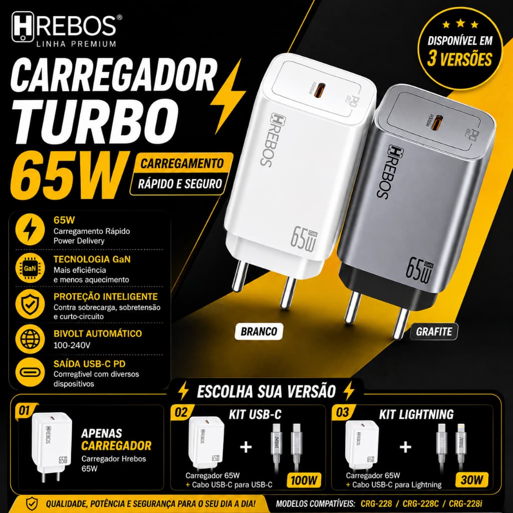 Kit Carregador 65w GaN PD Tipo C USB-C Hrebos Max Charge Iphone Samsung Xiaomi Poco Certificado ANATEL