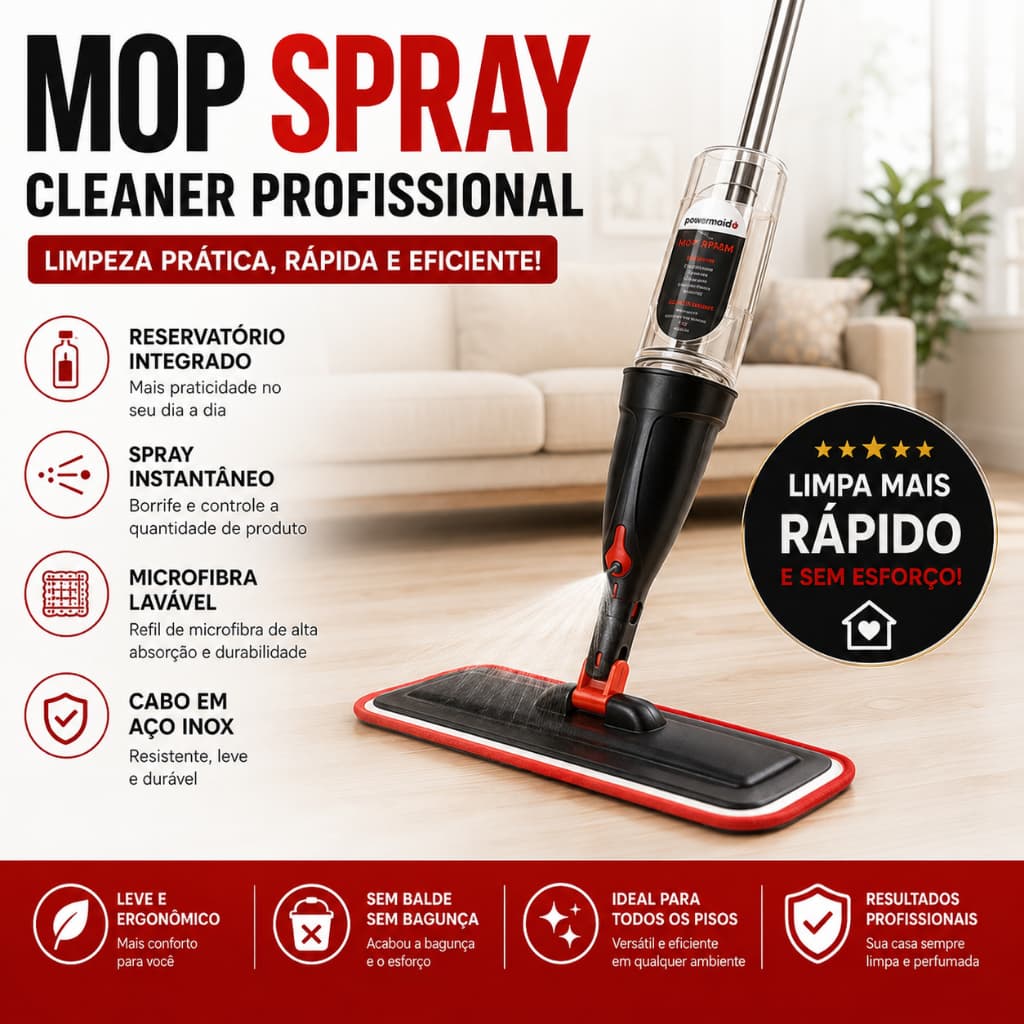 Mop Spray Cleaner Profissional – Reservatório Integrado, Refil de Microfibra e Cabo em Aço Inox - MN