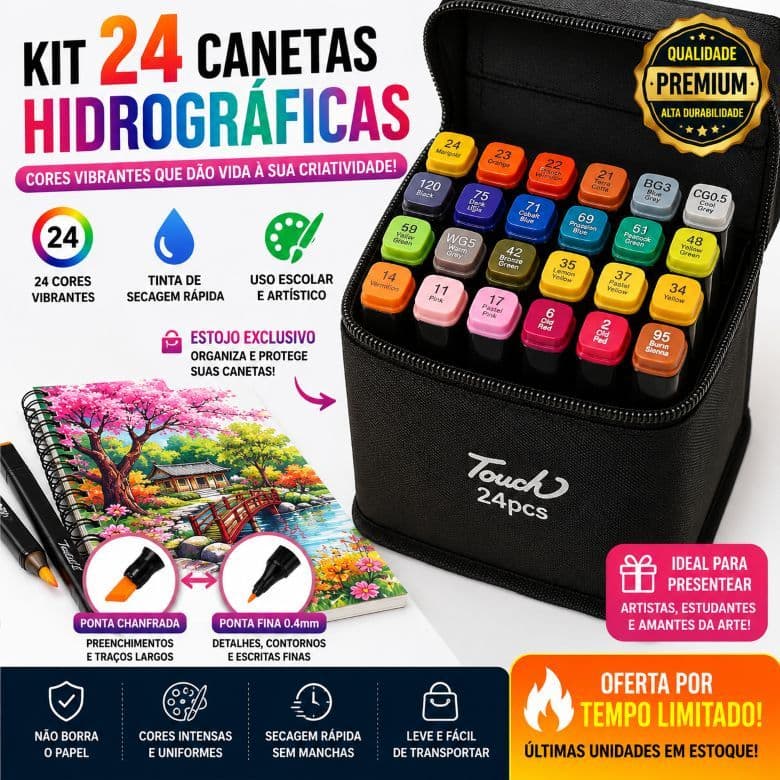 Kit 24 Canetas Hidrográficas Profissionais Ponta Fina Coloridas para Desenho, Lettering, e Pintura