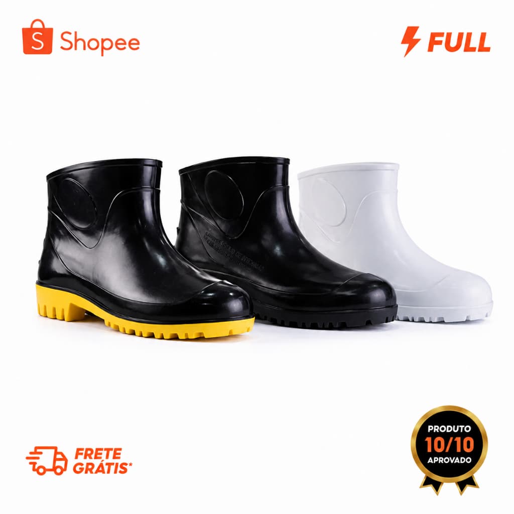 Bota Galocha PVC Impermeável Antiderrapante EPI Cano Curto CA Faxina Limpeza Jardim Motoboy Chuva