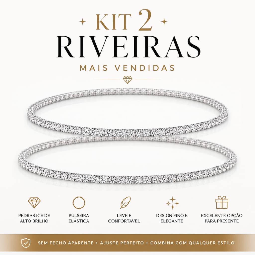 KIT 2 Pulseiras Tennis Riviera Corrente de Pedras Brilhantes de Zircônia Presta Pulseira Ajustável Masculina e Feminina