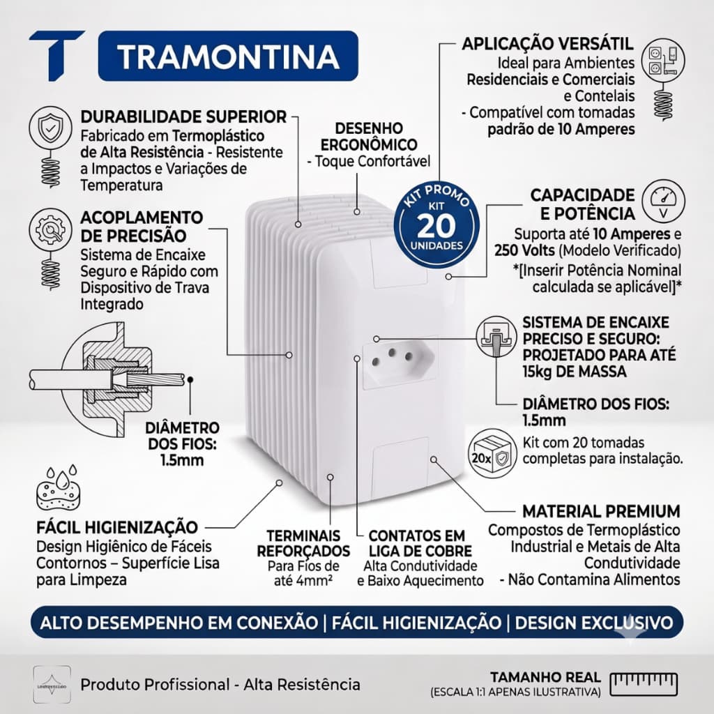 KIT 20 UN - Tomada 10A Tramontina Completa com Placa Branca - Alta Resistência