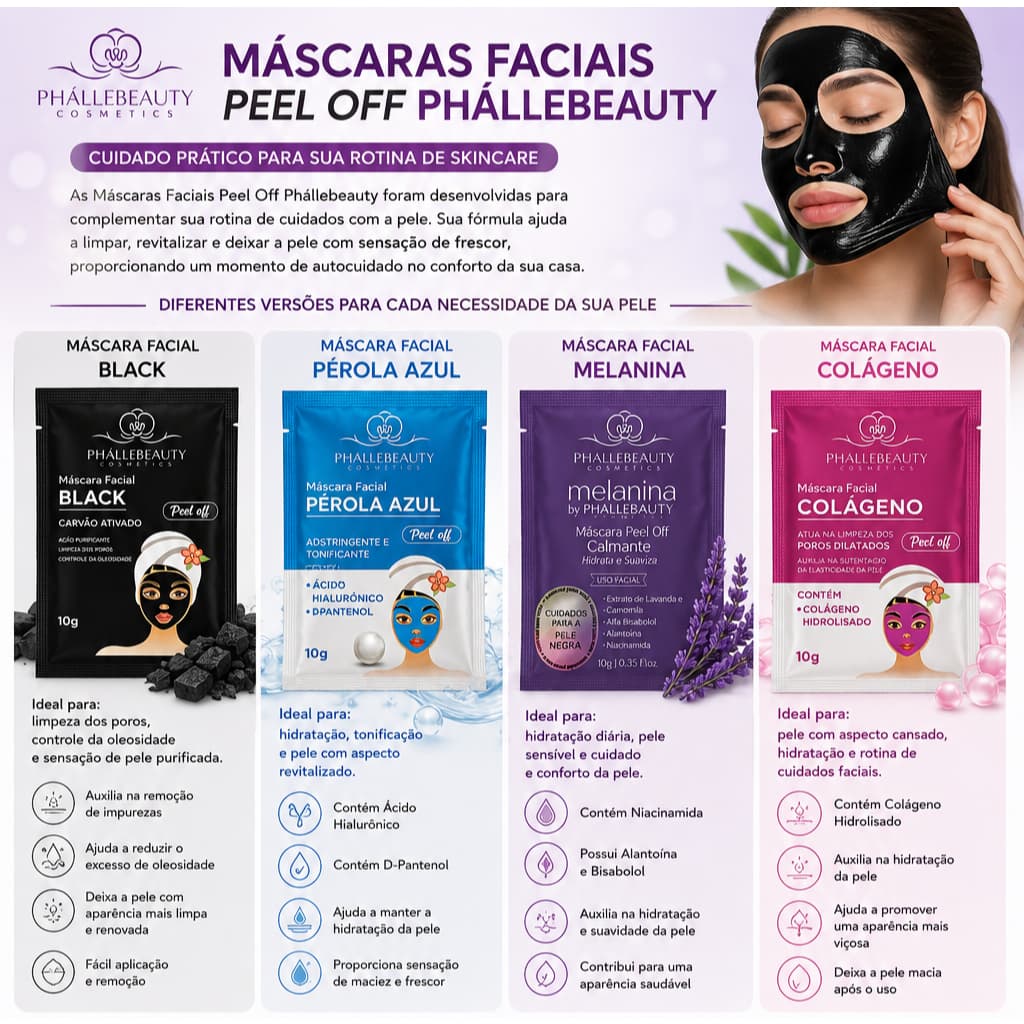 Kit 2 Máscaras Faciais Peel Off Black Phallebeauty + Lápis para Olhos Marrom Grátis