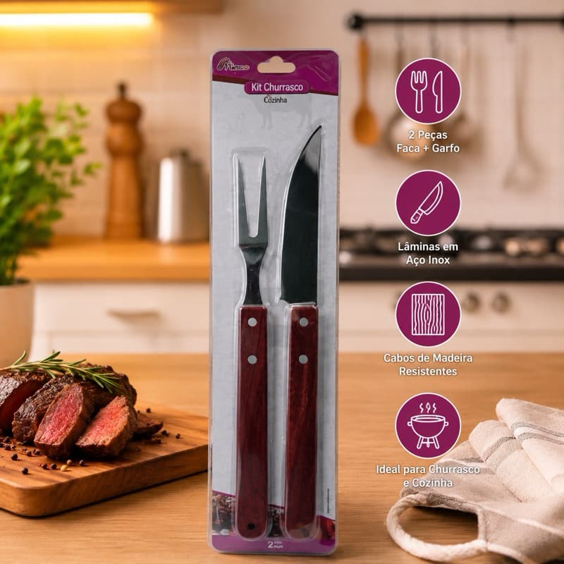 Kit Churrasco Faca e Garfo Trinchante Inox Cabo de Madeira | Conjunto para Cortar Carnes, Churrasqueira, Cozinha Gourmet