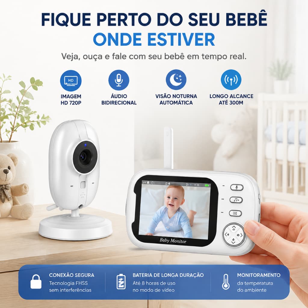 Babá Eletrônica Bebê com Tela LCD, Câmera Sem WiFi, Visão Noturna, Áudio 2 Vias e Alcance Longo