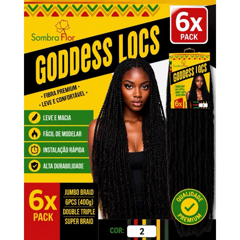 Kit 3/6jumbo braid 6X Cabelo Goddess Locs mega hair Cor 2 Fibra Sintética Macia Trança Afro