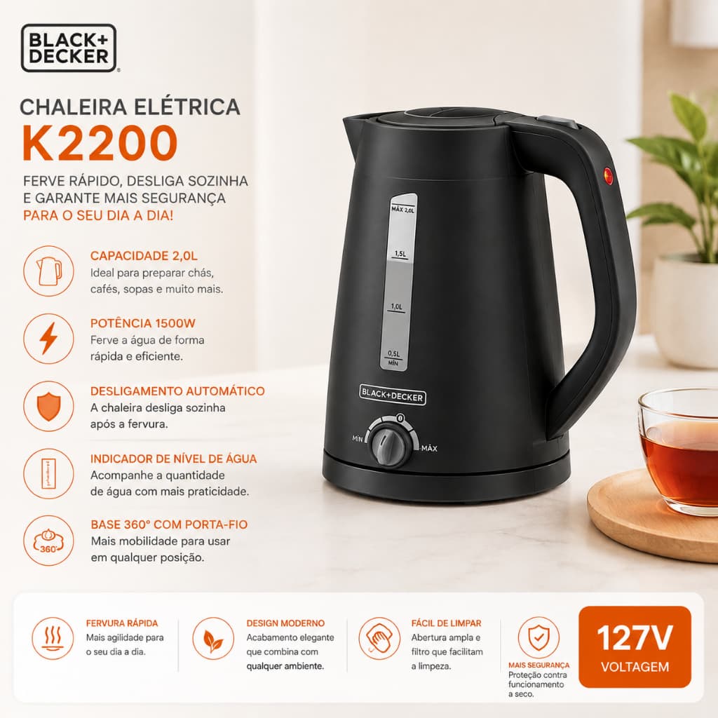 Chaleira Elétrica Black+Decker K2200-BR 2L com Seletor de Temperatura 127V