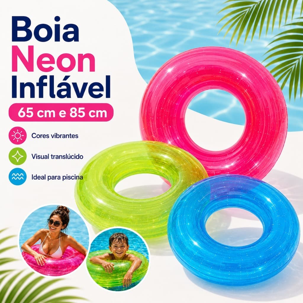 Boia Cintura Neon 85/60 cm com Redonda Pool  Party Transparente Praia Piscina