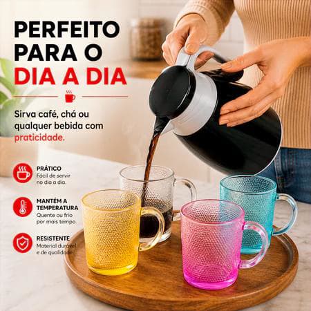 Conjunto Garrafa Termica Pequena 1L Preta Fratelli + 4 Canecas Coloridas Vidro Cafés Chás