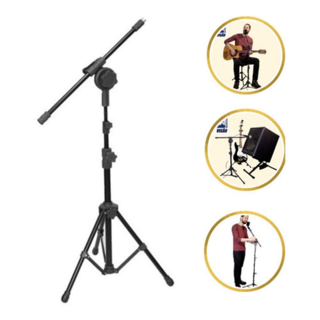 Pedestal Girafa Para Microfone C/ Pés Dobráveis E Braço Articulado Visão Musical Cor Preto