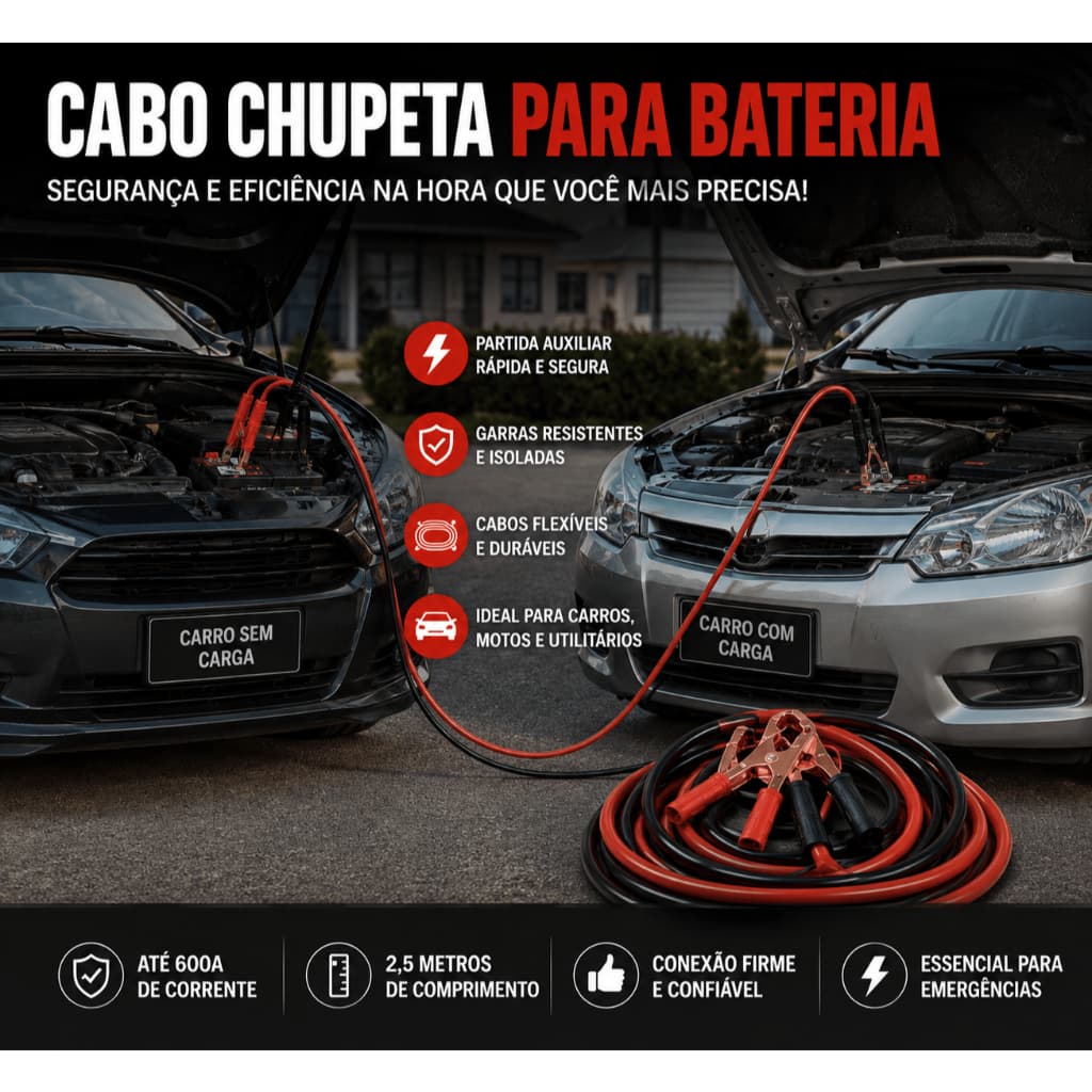 Cabo recarga bateria chupeta garras metálicas jacaré carro caminhão carga