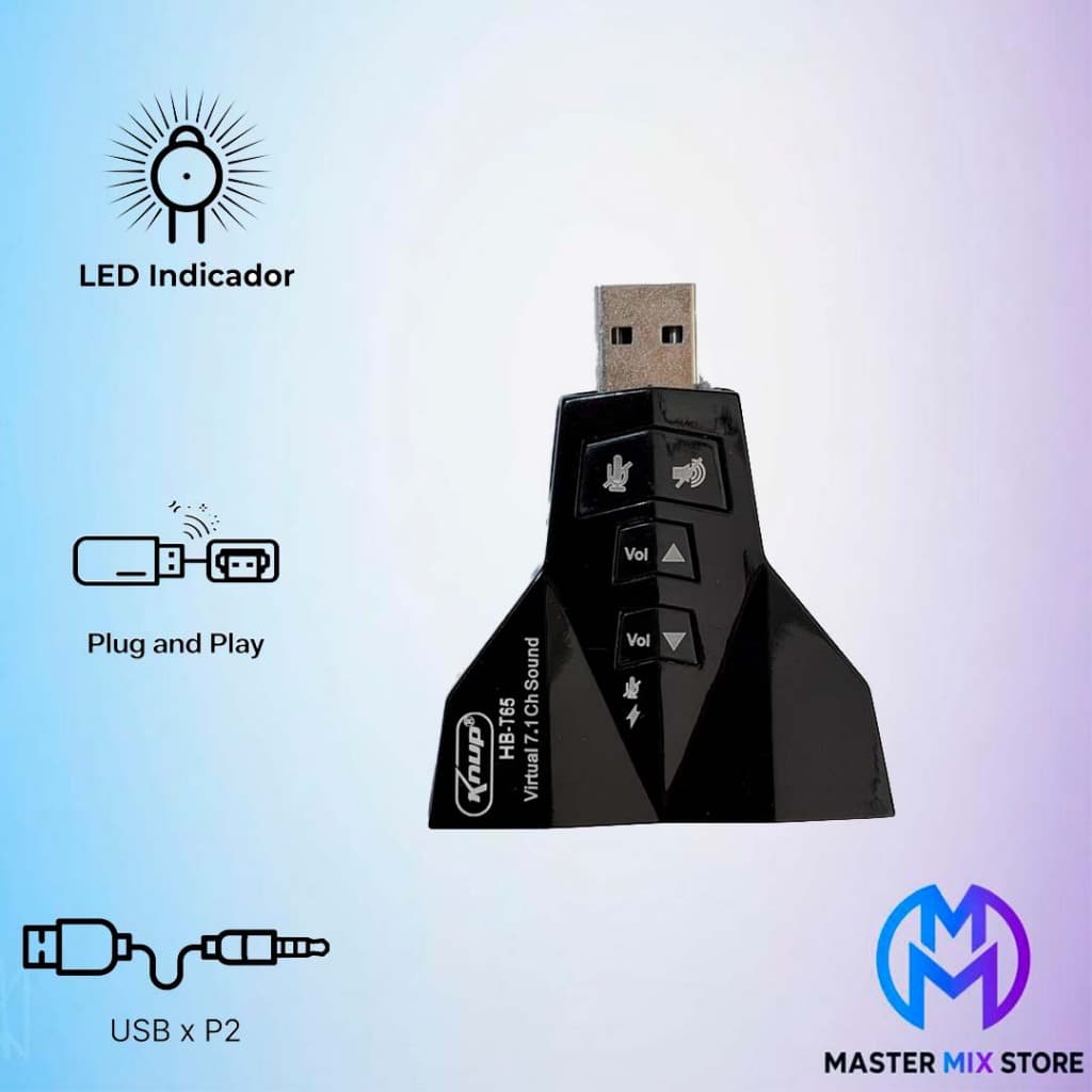 Adaptador Placa de Som USB x P2 Knup HB-T65 - Conexão P2 para Fone e Microfone - USB 2.0 - 7.1 Digital