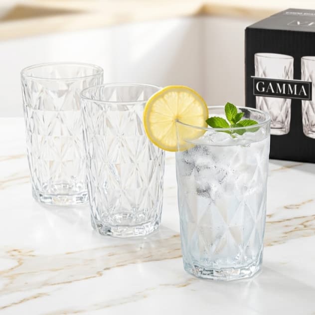 Jogo 4 Copos de Vidro Diamond 350ml - Conjunto Copo Americano Trabalhado Água Suco Refrigerante Luxo