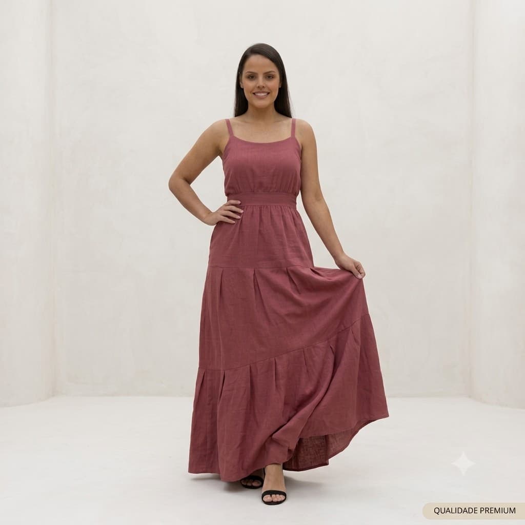 Vestido Feminino Longo Com Alça Regulavel e Faixa Na Cintura