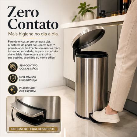 Lixeira Slim Inox 12 Litros Pedal Redonda Moderna Residencial Escritório Prática Organizada