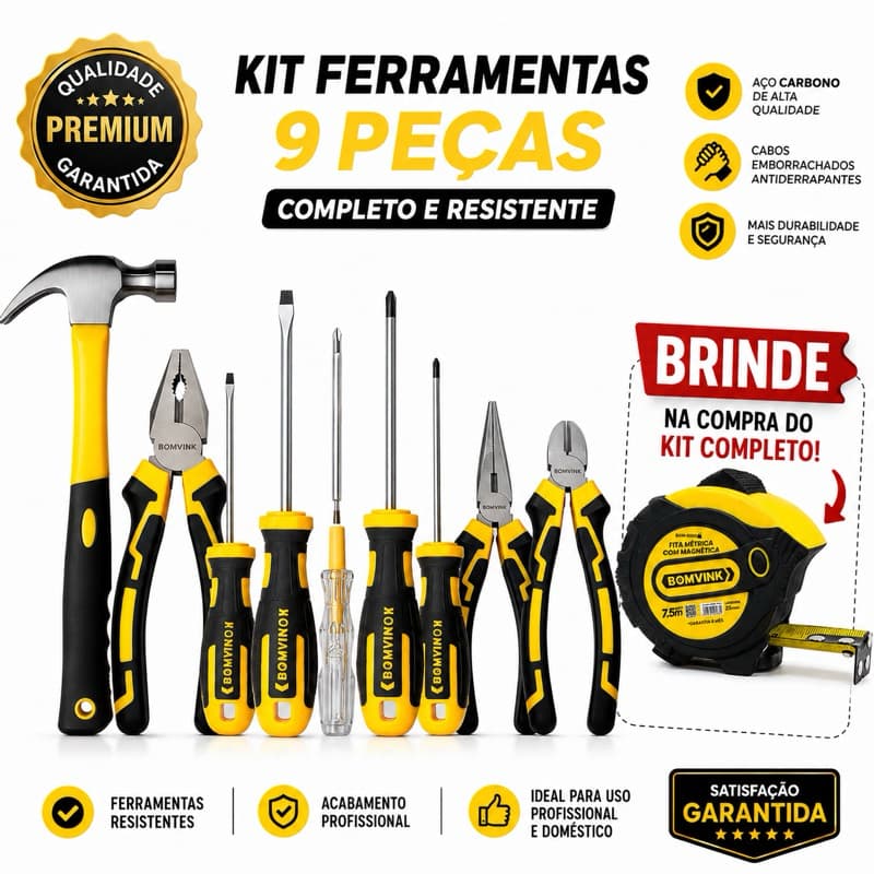 Kit Jogo de Ferramentas BOMVINK Profissional Alicate Martelo Chave De Fenda Philips Testador de Voltagem 9 Peças