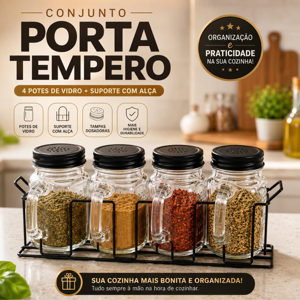 Kit 4 Porta Temperos Potes de Vidro com Suporte de Metal e Alça Tampa Dosadora Saleiro Organizador de Cozinha